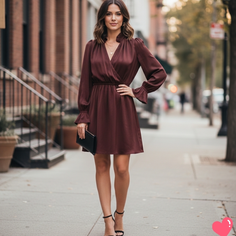 Banana Republic Fit & Flare Brown Satin Long Sleeve Dress Size M